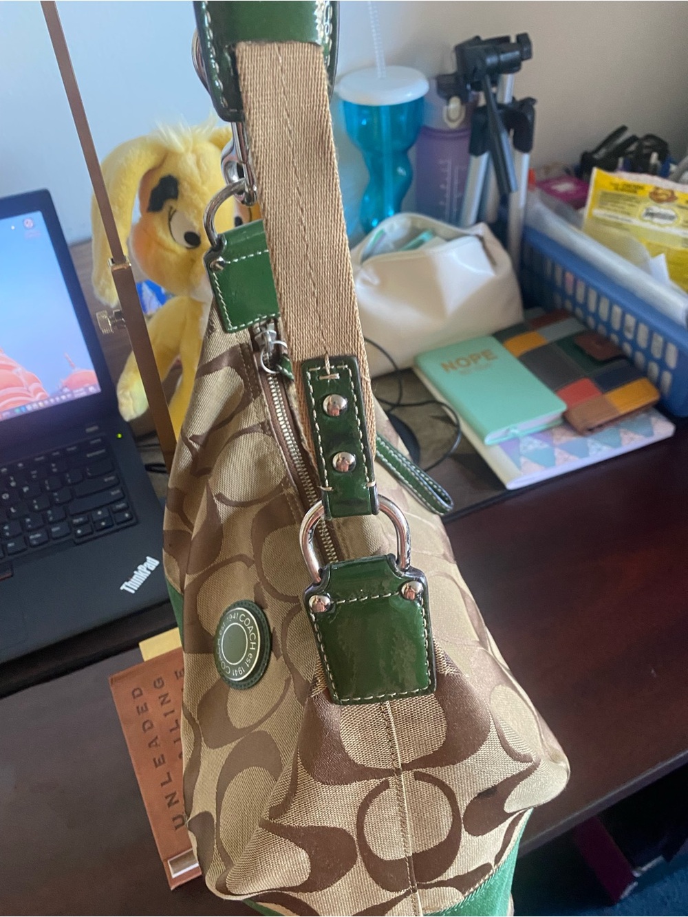 Coach Brown Signature Shoulder Bag with Green Trim - Picture 7 of 11